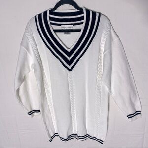 Vintage Principles White Black Cotton Knit Deep V Neck Academia Sweater S